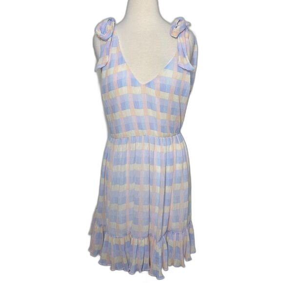 Meet Me in Santorini Pastel Check Dress Tie Straps Lined Mini Cottagecore  Sz S - Picture 2 of 10